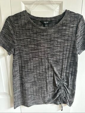 Short Sleeve Gray Ribbed Drawstring Top